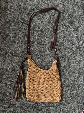 Sun & Sand Woven Straw Crossbody Bag with Tassel - Brown